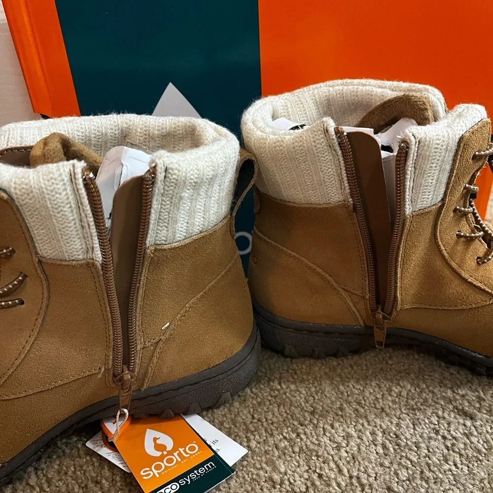Sporto/BOHO NWT Suede Ankle Boots Camel color and Cream Knit Cuffs size 6.5 - Picture 9 of 10